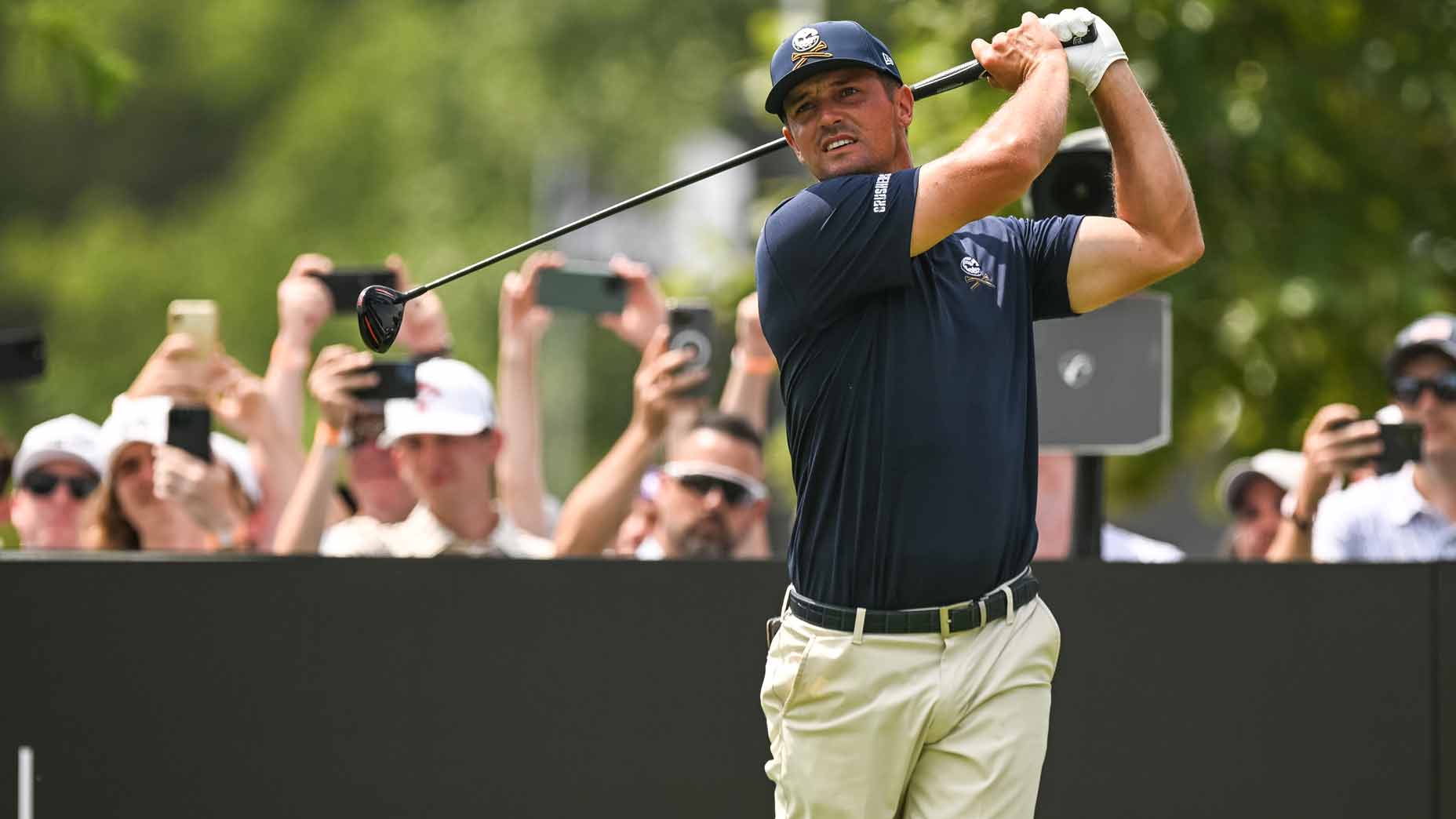 bryson dechambeau hits his driver during LIV Nashville 2024