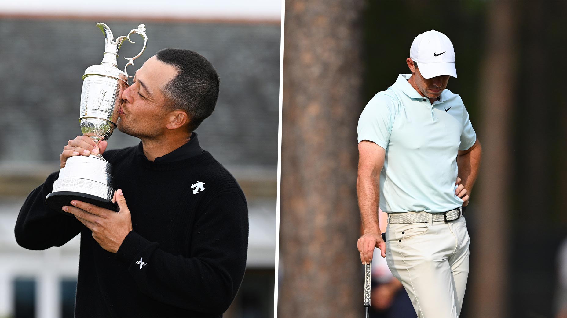 xander schauffele kisses the claret jug next to rory mcilroy grimacing